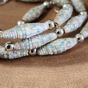 Hand Crafted Multi-Colored Necklace, Bracelet, And Earrings Upcycled Paper Beads